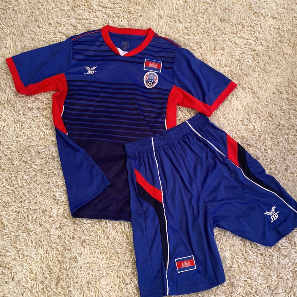 Mens FBT FFC Cambodia National Football Soccer Team Jersey & Shorts Kit Red Blue